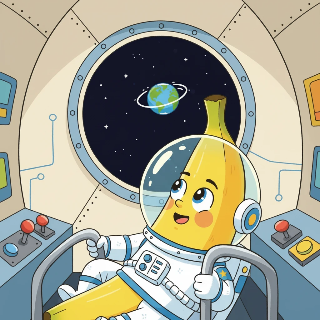 随着倒计时结束，火箭喷射出熊熊火焰，载着蕉蕉冲向蔚蓝的天空。蕉蕉紧紧抓住飞船的扶手，透过舷窗，他看到了地球渐渐变小，变成一颗美丽的蓝色弹珠。他兴奋地挥舞着小手，向着未知的宇宙前进。