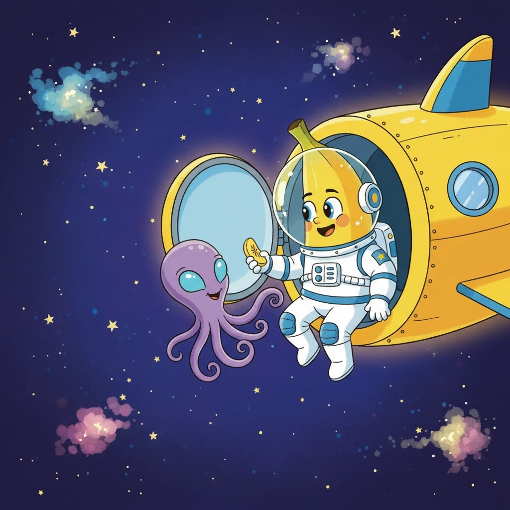 在深邃的太空中，蕉蕉的飞船遇到了一个友善的外星生物。这个外星生物有着柔软的触角和闪亮的眼睛，它好奇地绕着蕉蕉的飞船转圈。蕉蕉大胆地打开舱门，与它分享了一根香蕉片，两个新朋友在无垠的宇宙中开心地玩耍起来。