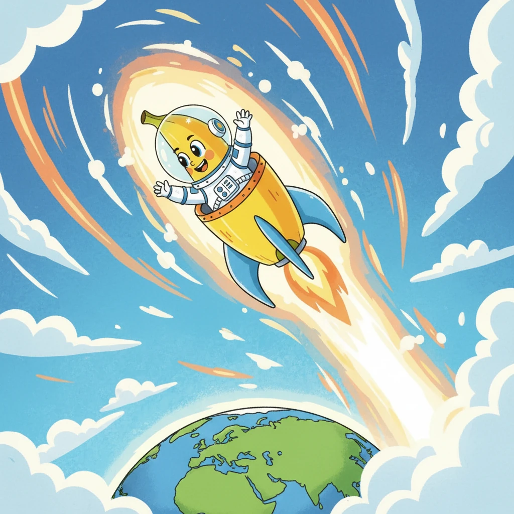 蕉蕉完成了他的太空探索，带着满满的宇宙见闻和与外星朋友的合影，踏上了回家的路。他知道自己不再只是一根普通的香蕉，而是一位真正的太空探险家。飞船穿过大气层，朝着熟悉的地球家园俯冲。