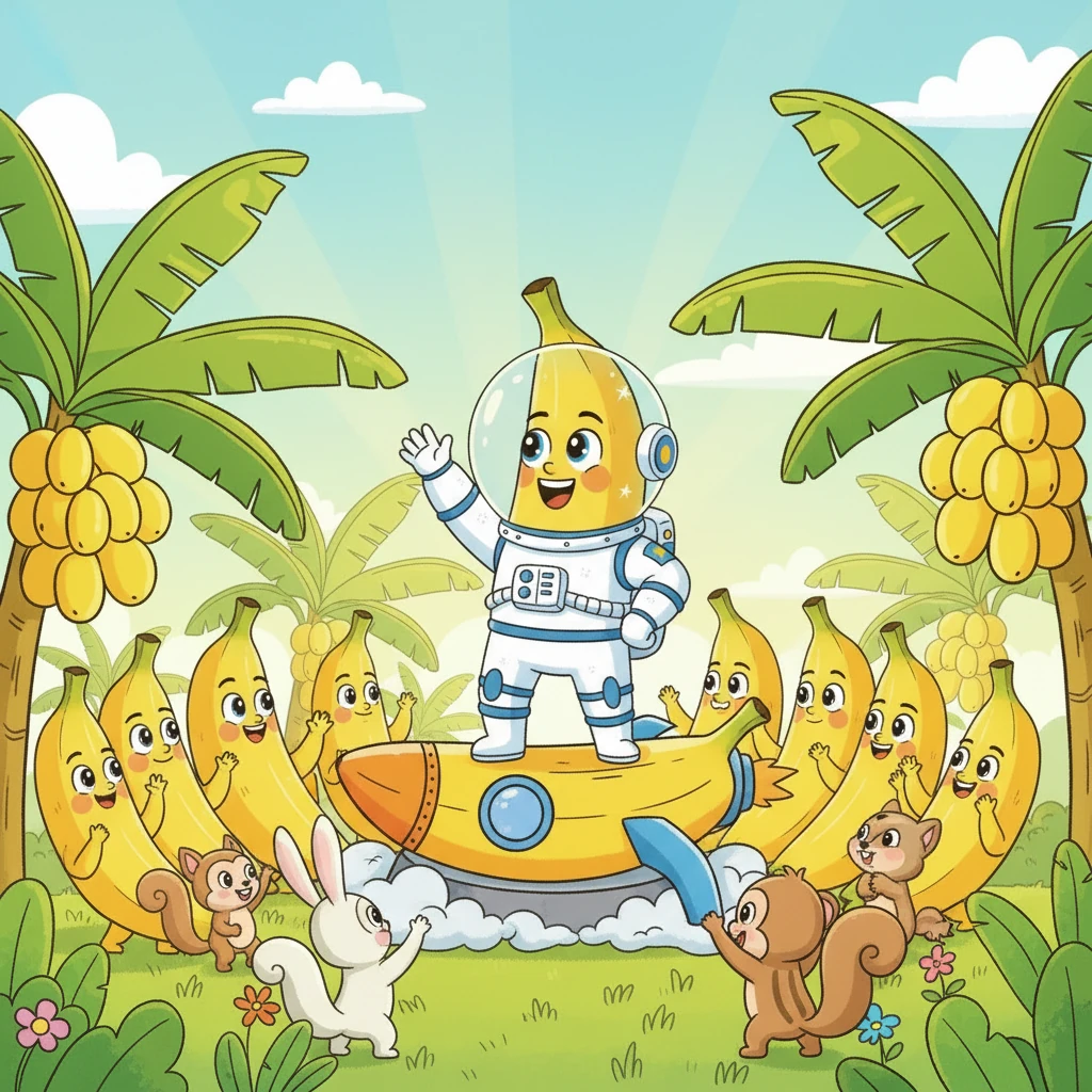 当蕉蕉的飞船安全降落在香蕉园时，所有的香蕉和动物们都欢呼雀跃地迎接他。蕉蕉自豪地向大家讲述他在太空中的奇遇，分享他与外星朋友的故事。他成为了香蕉园里最受尊敬的英雄，也激励着更多的小香蕉们勇敢追逐自己的梦想。