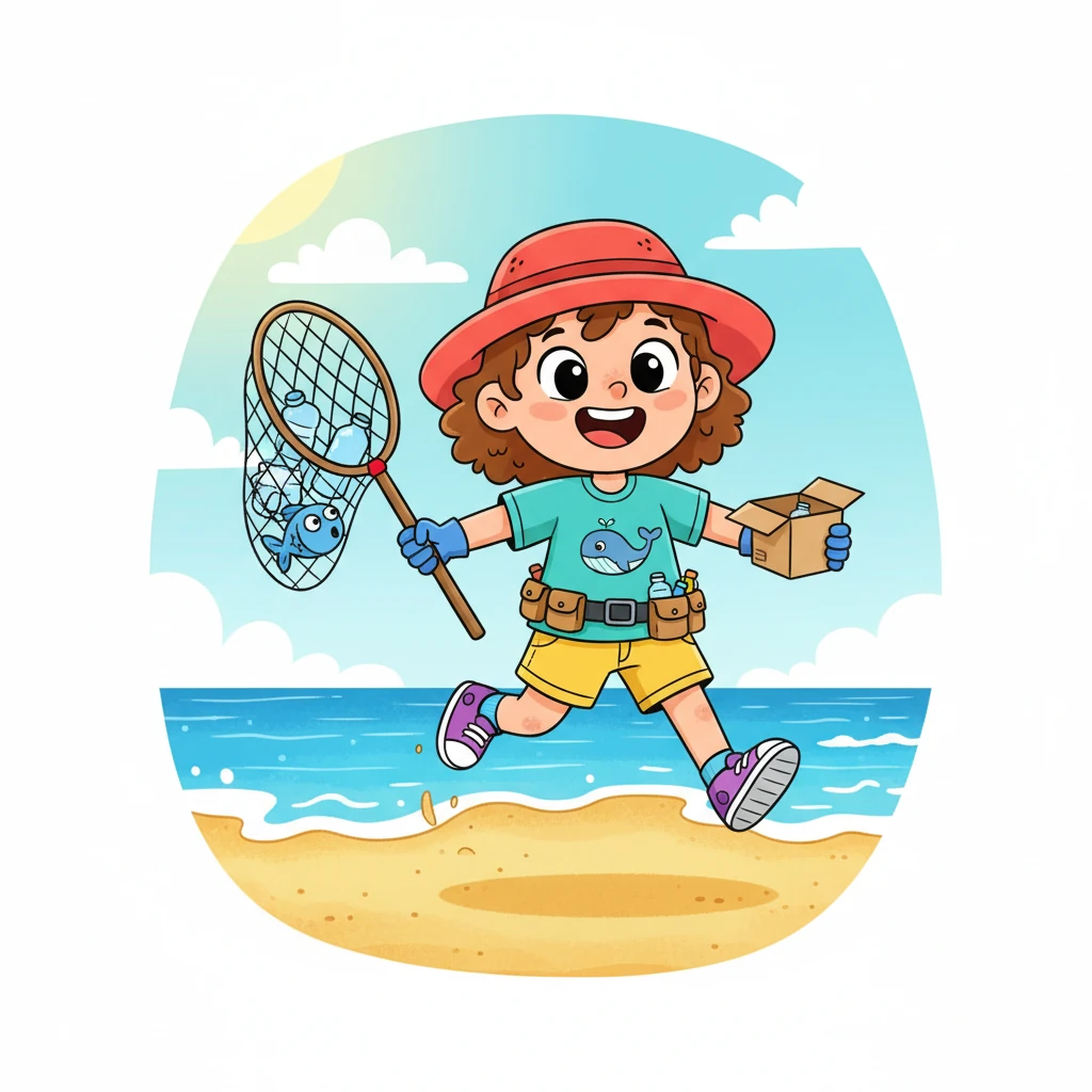 Lily, a bubbly girl with a bright red sun hat, skips along a sunny beach, her eyes sparkling with joy. The golden sand stretches out, meeting the clear blue waves that gently lap the shore. She loves the sound of the ocean and the feel of the soft sand between her toes.