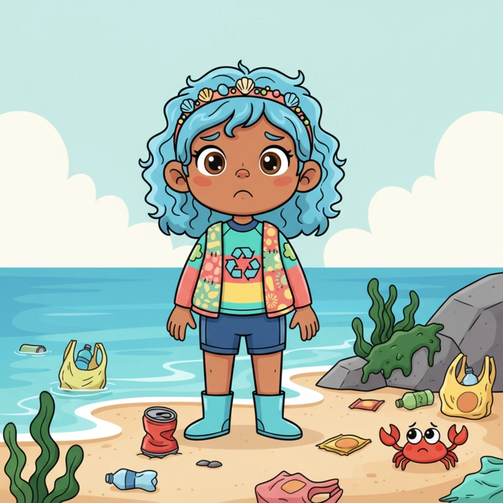 Suddenly, Lily's smile fades as she spots colorful plastic bottles and bags tangled in seaweed near the water's edge. A sad little crab peeks out from under a discarded soda can. The beautiful beach looks messy and not so happy anymore.
