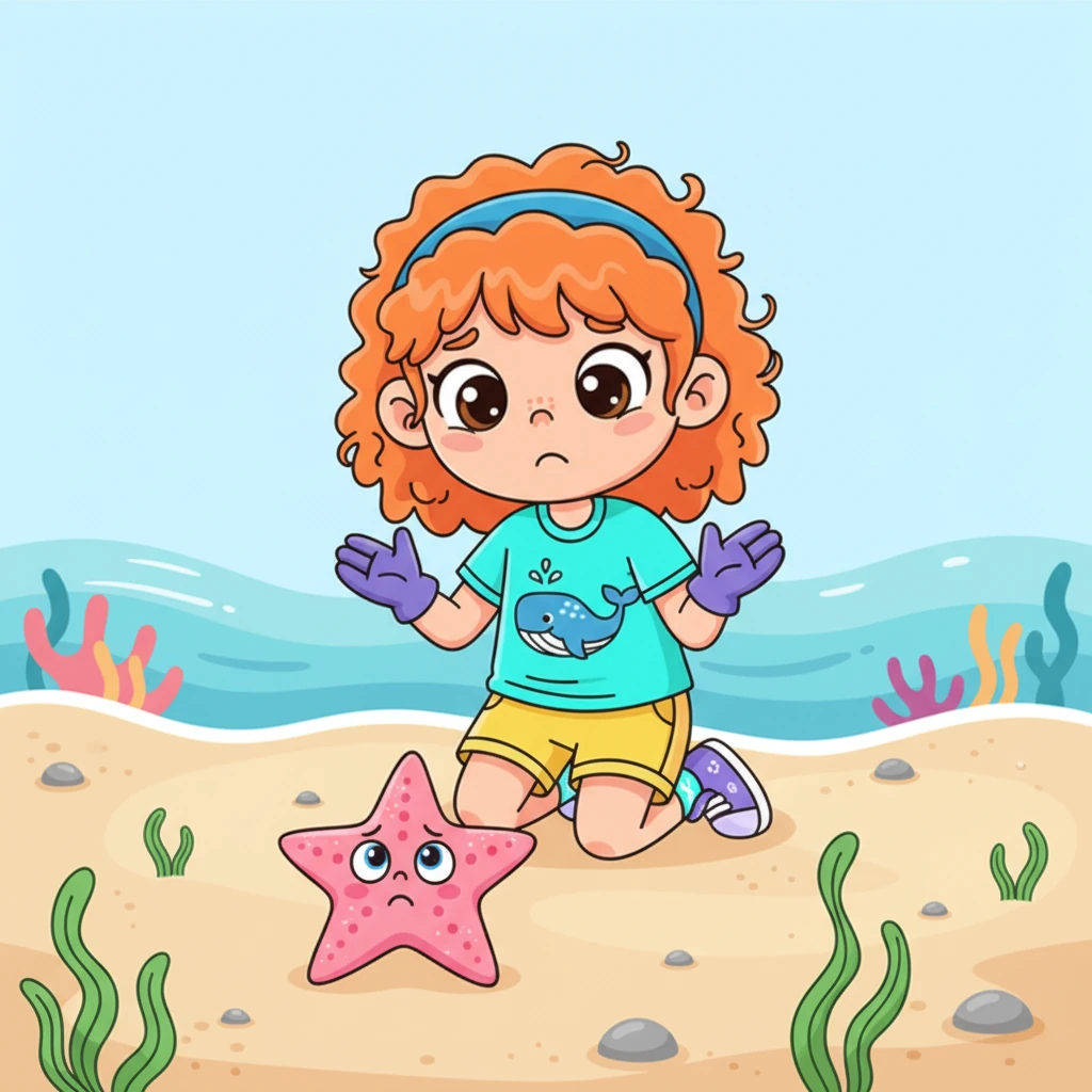 A friendly, sparkly pink starfish named Shelly slowly wiggles closer to Lily. Shelly's big, round eyes look very worried. Lily kneels down, wondering why Shelly looks so glum.