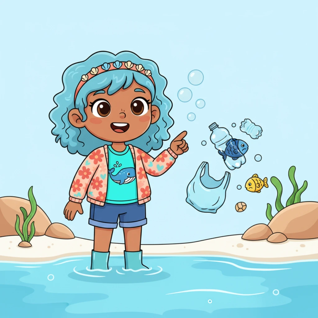 Shelly gently waves one of her arms, pointing to the trash. She explains in soft, bubbly sounds how the rubbish makes the ocean sick and hurts her fishy friends. The plastic can trap little creatures and make the water yucky.
