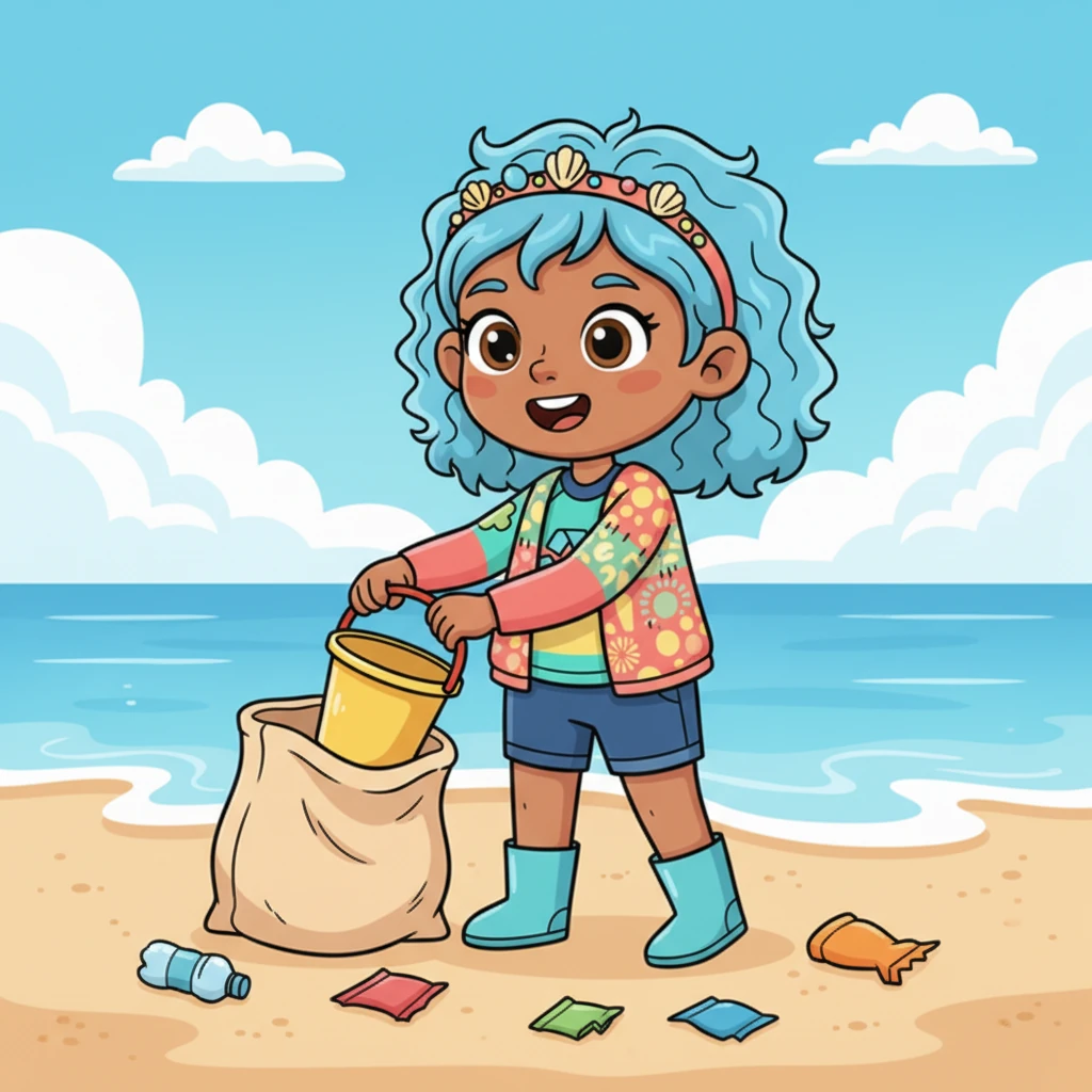 Lily's face brightens with determination. "We can help!" she exclaims, pulling a small, empty bucket from her beach bag. She decides to carefully pick up the trash to make Shelly's home clean again.