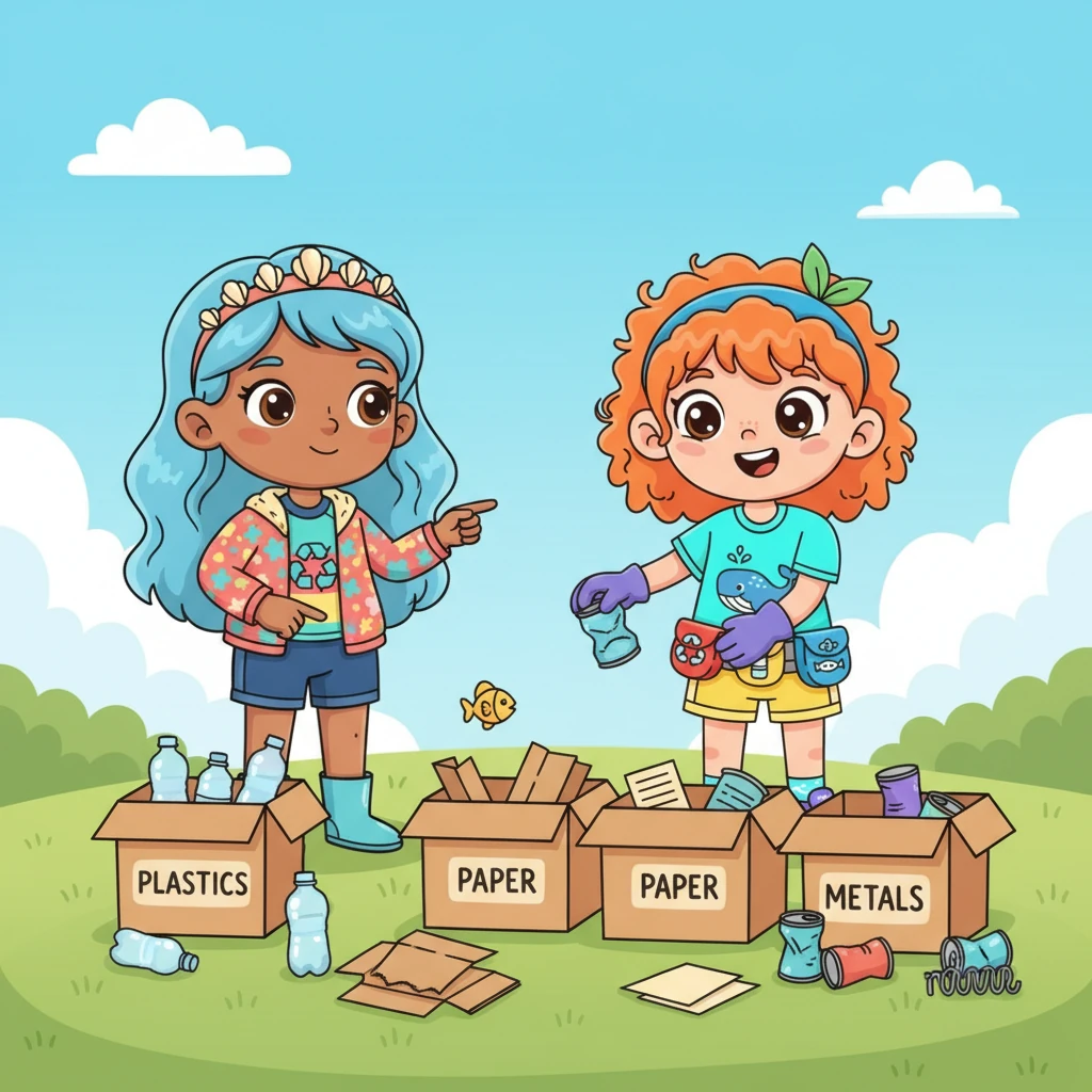 Shelly shows Lily how to sort the trash into different piles: plastic, paper, and metal. Lily learns that not all trash is bad if it can be turned into something new. She carefully places each item in its correct pile, feeling like a super helper.
