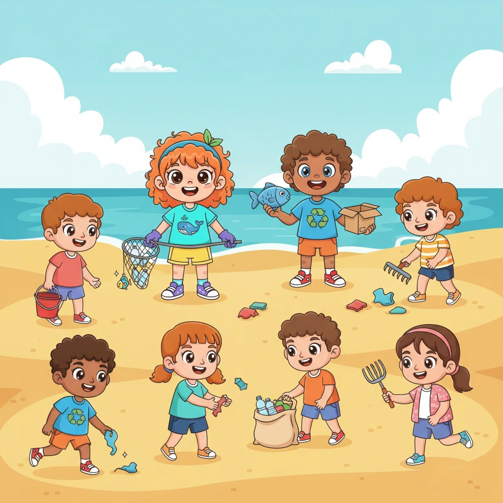 Soon, other children playing nearby see Lily and Shelly working hard. Inspired by their efforts, they eagerly join in, bringing their own buckets and helping hands. The beach becomes a hive of happy, busy little helpers.