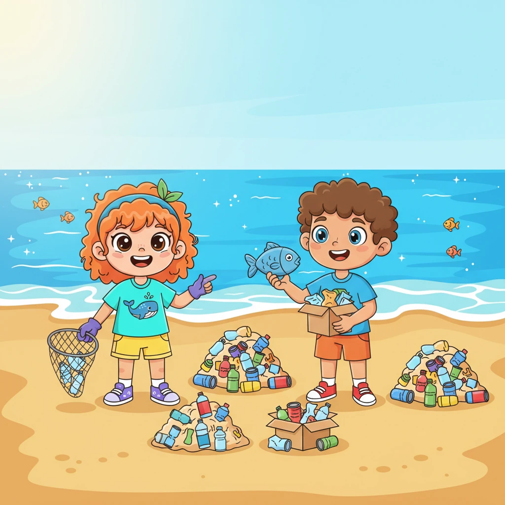 Together, Lily and her new friends transform the messy shore. The sand is now pristine, and the waves sparkle under the sun. The colorful trash piles are ready to be taken to the recycling center.