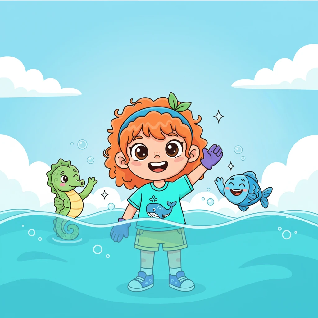 Shelly and her ocean friends, including a giggling fish and a shy seahorse, pop up from the clean waves. They wave their fins and claws in thanks, their faces beaming with joy. The ocean feels healthy and happy once more.