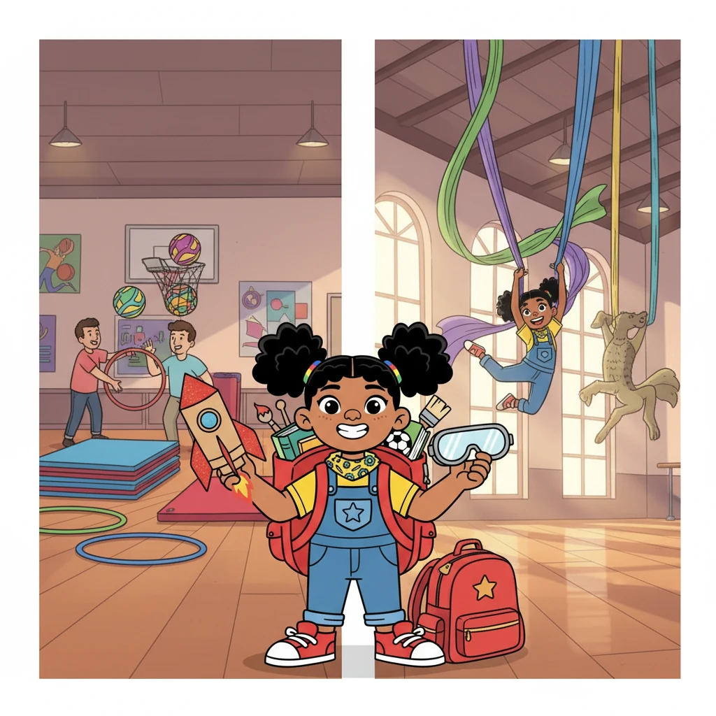 En el gimnasio, los profes preparaban obstáculos y pelotas. En el salón de danza, las telas de colores giraban. Sofía se unió al grupo de circo, soñando con acrobacias.