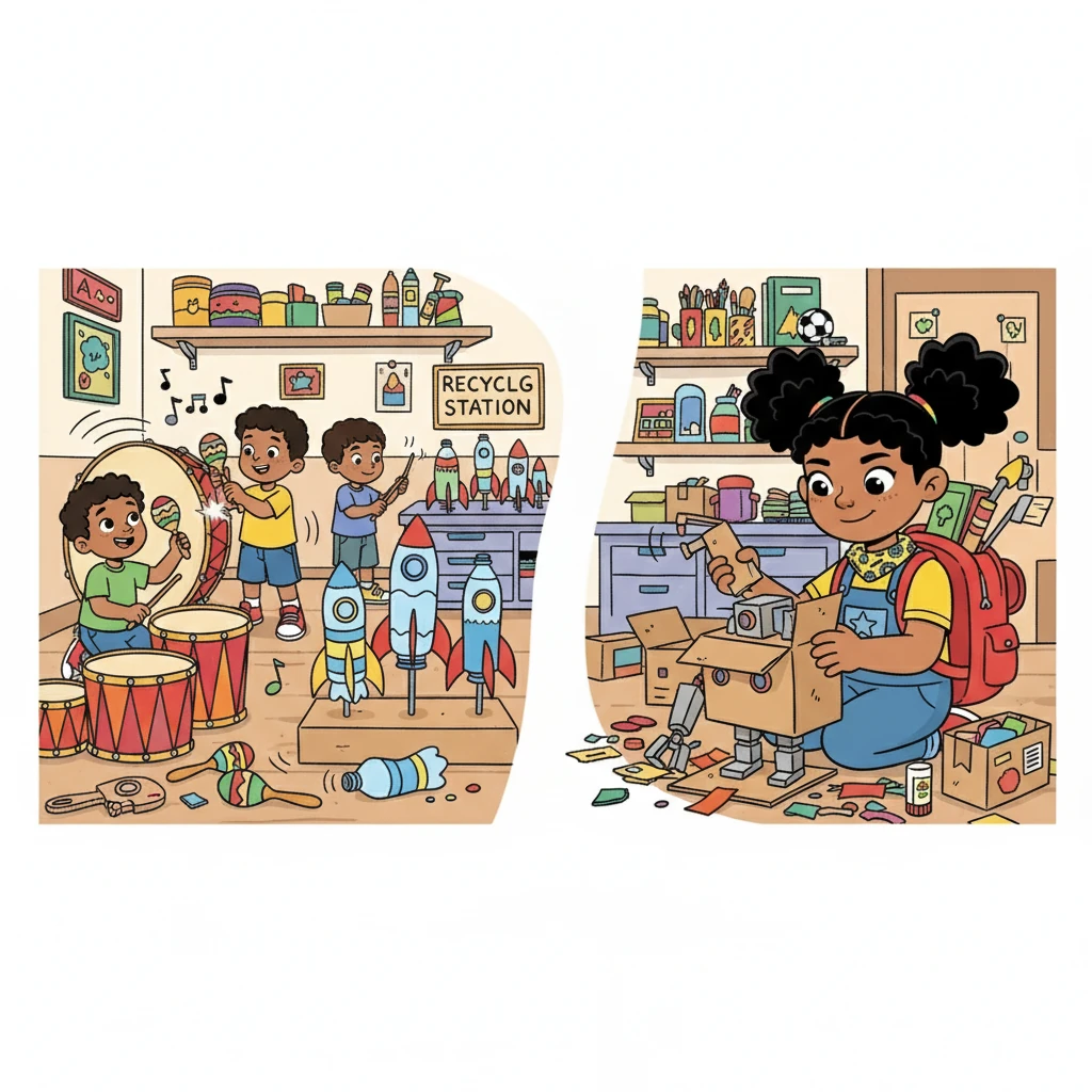 En el taller de percusión, los tambores y maracas hacían vibrar el aire. En reciclado, se transformaban botellas en cohetes. Sofía, fascinada, creaba un robot con cartón.