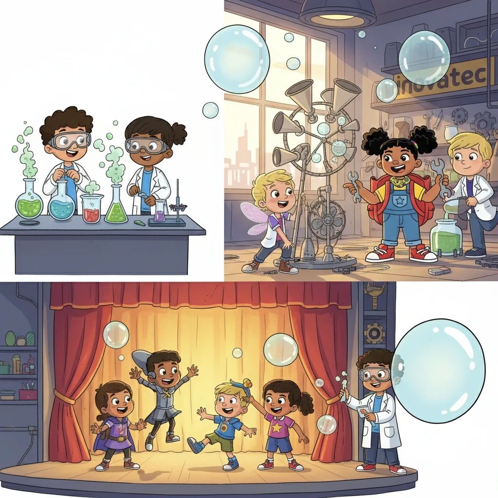 En ciencias, los experimentos burbujeaban y humeaban. Los del teatro ensayaban una obra divertida. Sofía y sus amigos diseñaban una máquina de pompas de jabón gigante en Inovatec.