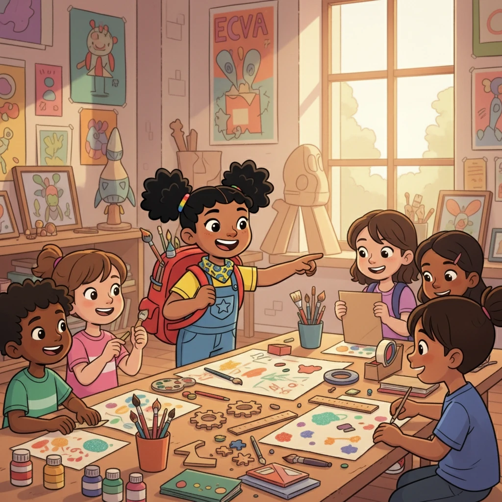 Los niños y niñas trabajaban con entusiasmo para la gran muestra. Sofía compartía ideas y risas con sus amigos. Todos sabían que lo importante era el camino recorrido juntos, en la mágica ECVA.