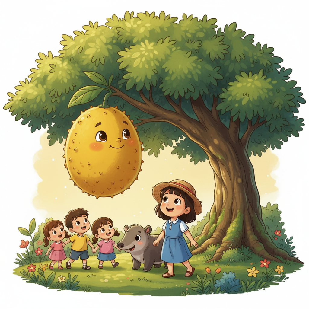 Rombongan kecil itu tiba di bawah sebuah pohon besar yang rindang tempat buah Cempedak raksasa bernama Joko menggantung rendah. Joko yang berwarna kuning keemasan dan berduri lembut tersenyum ramah menyambut kedatangan Naya dan teman-temannya.
