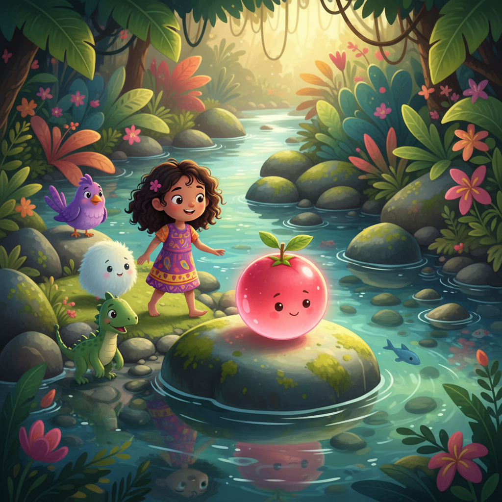 Naya dan teman-teman sampai di tepi sungai jernih yang dipenuhi bebatuan licin. Di sana, duduklah Keli si Kelubi, buah berwarna merah muda yang berkilau cantik namun dikenal memiliki rasa yang sangat masam.