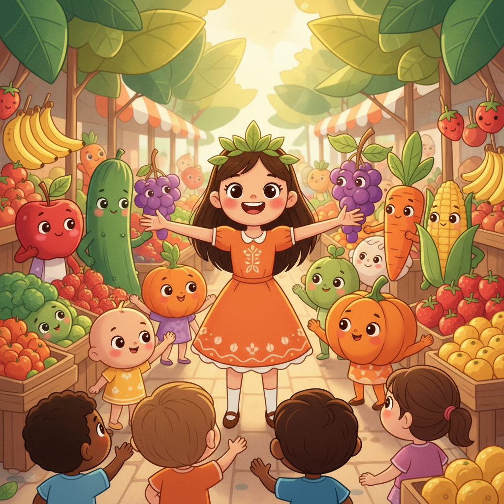 Naya berdiri di tengah pasar dikelilingi oleh semua teman buah dan sayuran barunya dengan wajah berseri-seri. Ia merentangkan tangan, mengajak semua anak untuk mencintai dan memakan sayuran serta buah-buahan sehat setiap hari.