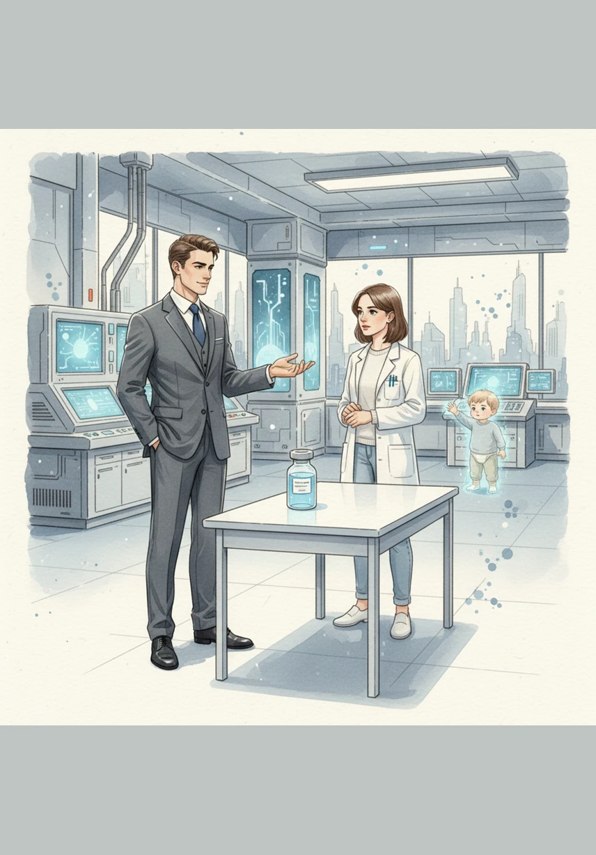 Jane stands in the sterile, high-tech lab of the massive corporation, listening as his young boss explains a groundbreaking new discovery. The glowing blue serum sits on the table, promising a life-changing experiment that will bridge the gap between their professional and personal worlds.