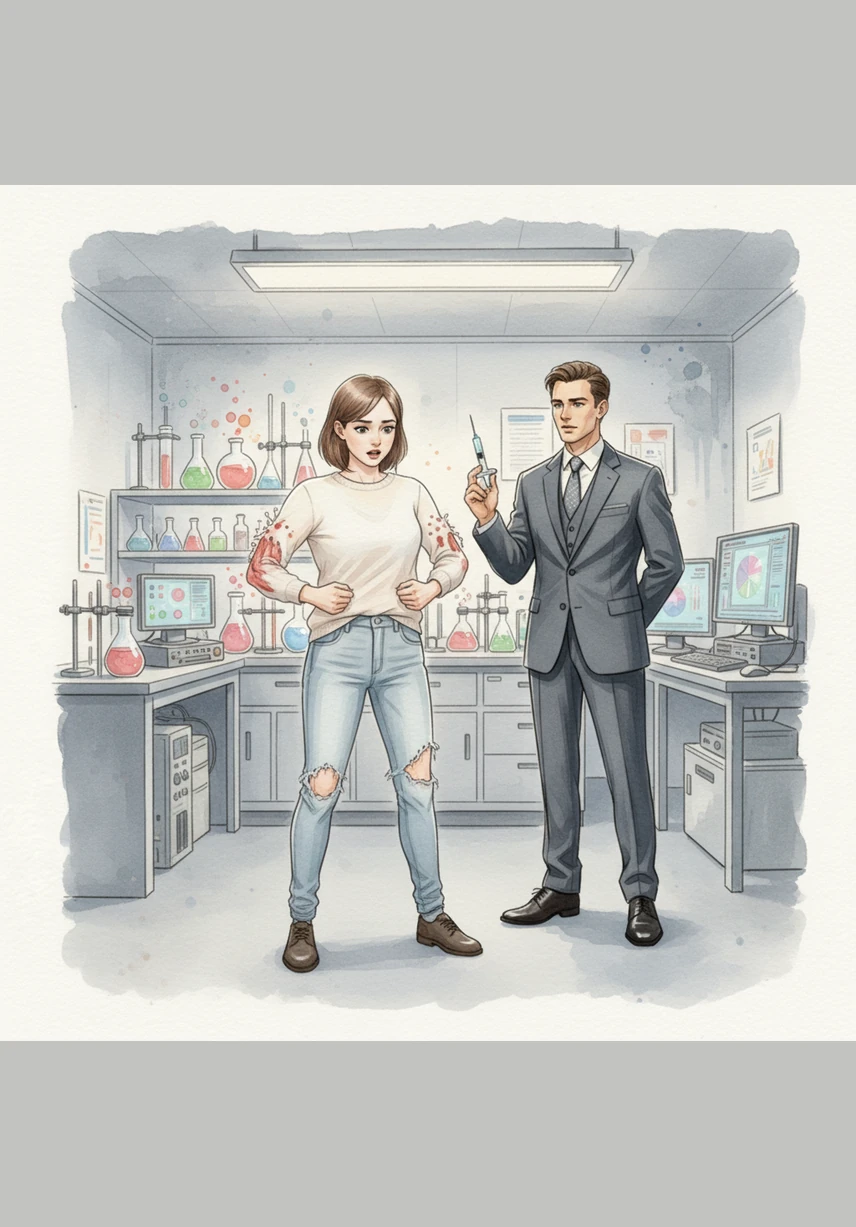 After the injection, Jane feels a strange warmth spreading through his body as the world around him begins to grow taller and more imposing. His limbs soften and shorten, and his perspective shifts downward until he is looking up at the lab equipment from a much smaller height.