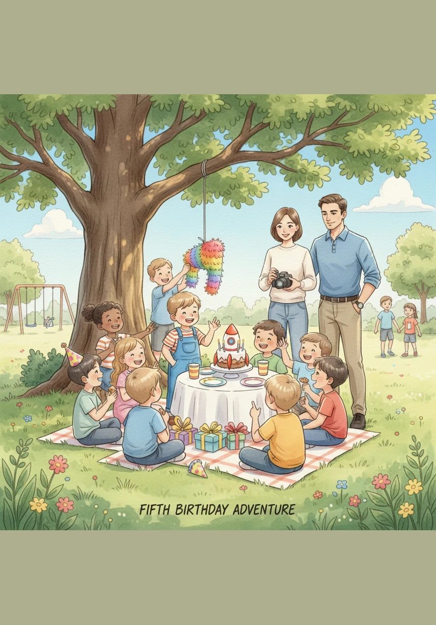 The family throws a vibrant fifth birthday party at the local park, decorated with colorful balloons and a large Happy Birthday banner. Jane wears a bright party hat, looking every bit the part of a happy young boy celebrating a new beginning.