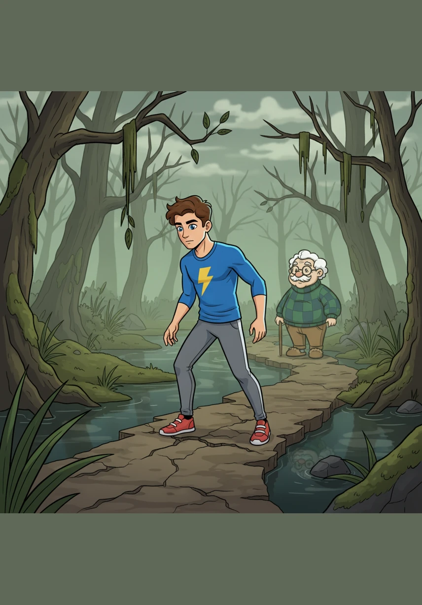 He took his first cautious step, feeling the cracked earth beneath his boots. The path was barely wide enough for his feet, and the heavy scent of the marsh filled the air.