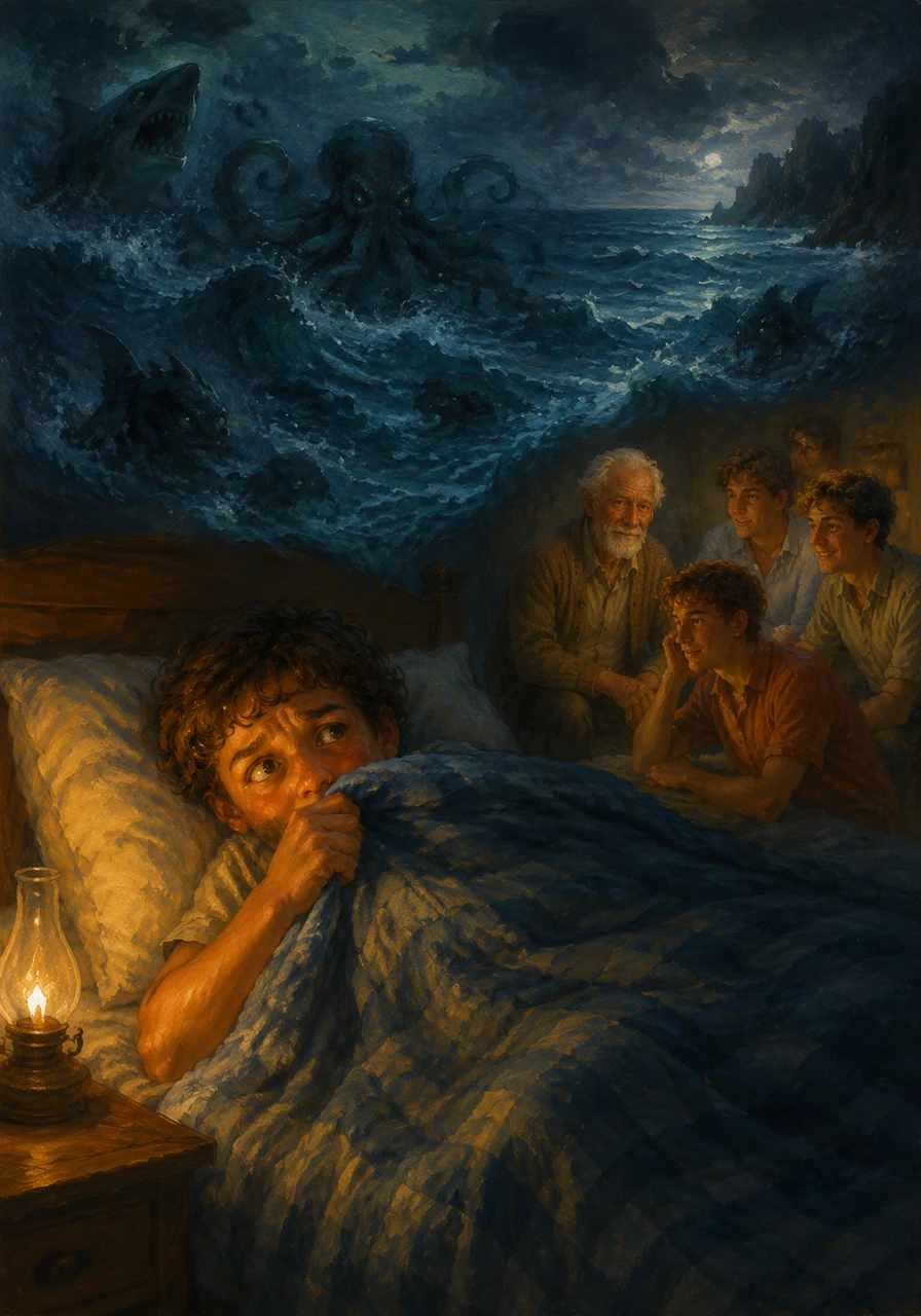 At night, the sound of the waves crashing against the distant shore reaches his bedroom, sounding like a low, rumbling growl. He pulls his blankets tight, imagining what strange and shadowy creatures might be hiding beneath the dark, churning surface.