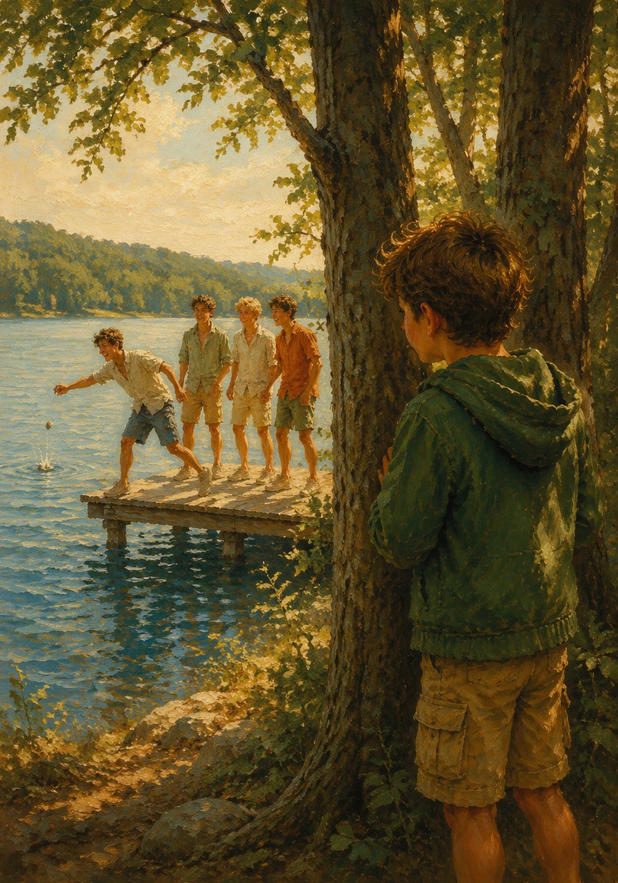 His friends often gather at the lakeside pier to skip stones and laugh, their joyful voices carrying on the summer breeze. Leo watches them from a safe distance behind a row of trees, wishing he could join them but held back by an invisible wall of fear.