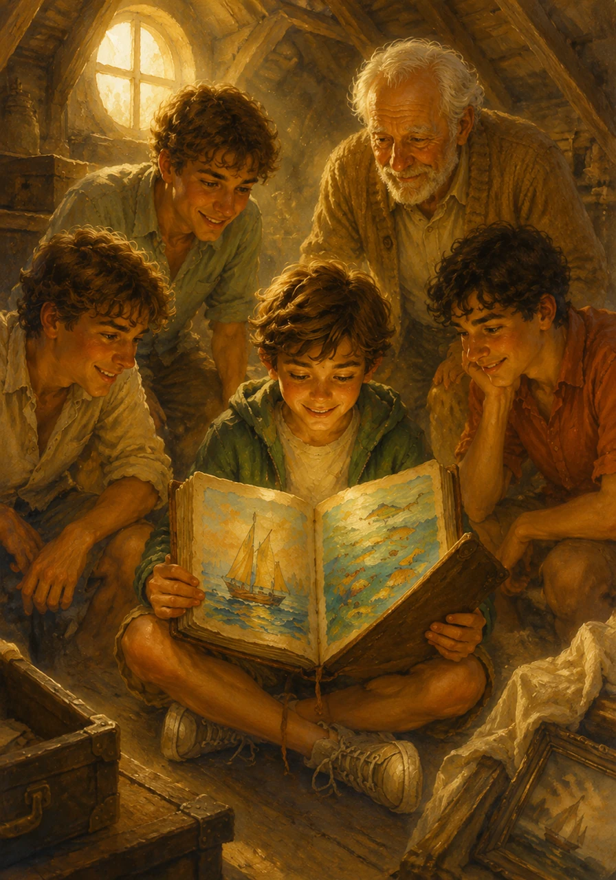 While exploring his grandfather’s attic, Leo discovers a dusty leather journal filled with vibrant watercolor paintings of the very lake he fears. The pages show sun-drenched waves, golden sailboats, and friendly schools of fish shimmering in the crystal-clear light.