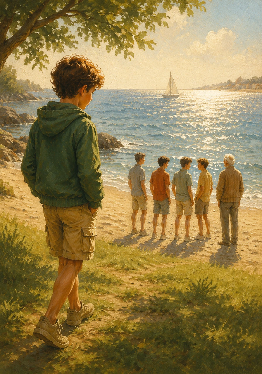 The next morning, Leo walks slowly toward the waterfront, his heart drumming a nervous beat against his ribs. He stops at the edge of the green grass where the park meets the sand, watching the water sparkle brilliantly under the morning sun.