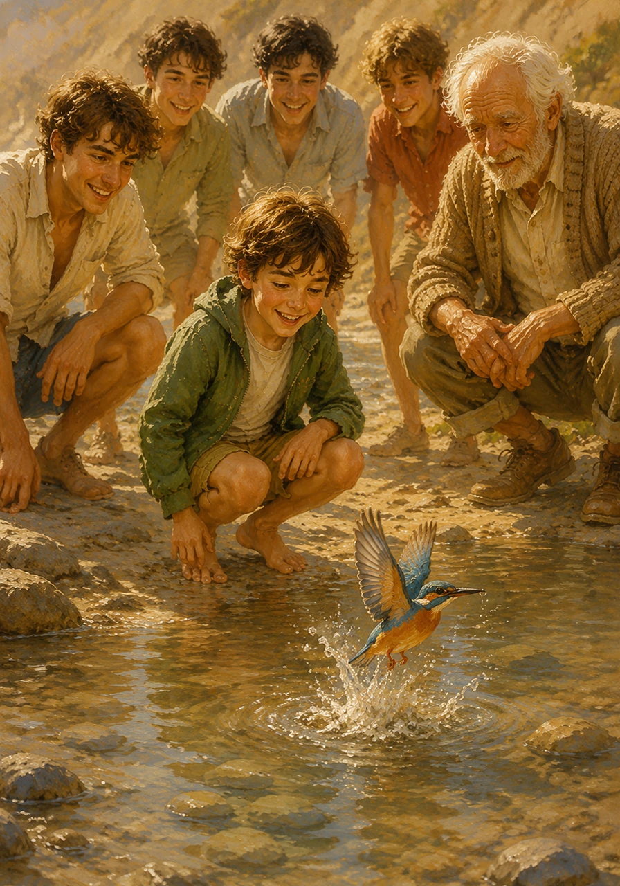 He notices a small, brightly colored bird diving playfully into the shallows, emerging with a tiny splash and a happy chirp. The water doesn't look like a monster anymore; it looks like a peaceful playground for the brave and the small.