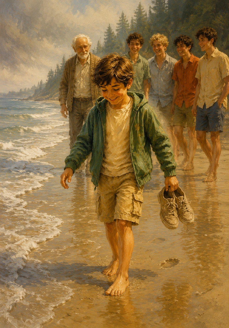 Leo takes off his shoes and feels the soft, cool sand between his toes as he inches closer to the rhythmic, incoming tide. The air smells of fresh rain and cedar, a refreshing scent that feels surprisingly like home.