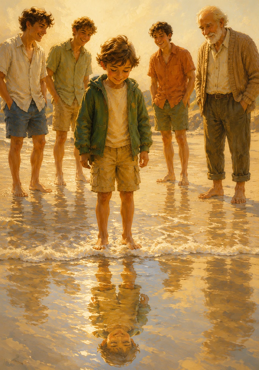 As the first gentle wave washes over his feet, Leo realizes the water is cool and kind, not cold and scary. He looks down and sees his own smiling reflection in the ripples, clearer and brighter than he ever imagined it could be.