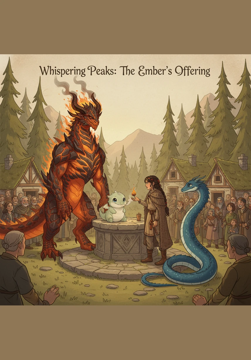 In the heart of the mystical village of Whispering Peaks, a pedestal holds a pulsing, golden egg. Villagers and ancient dragons gather in hushed anticipation as the ground begins to vibrate with a soft, rhythmic magic.