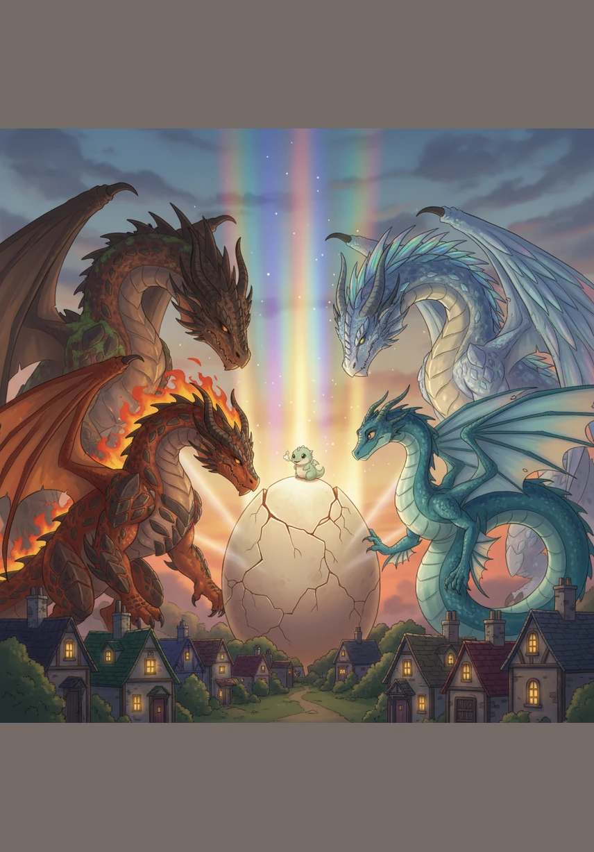Bright cracks spread across the shell, emitting beams of warm, iridescent light that illuminate the twilight sky. The four great elemental dragons lean in, their massive shadows dancing against the colorful stone cottages of the village.