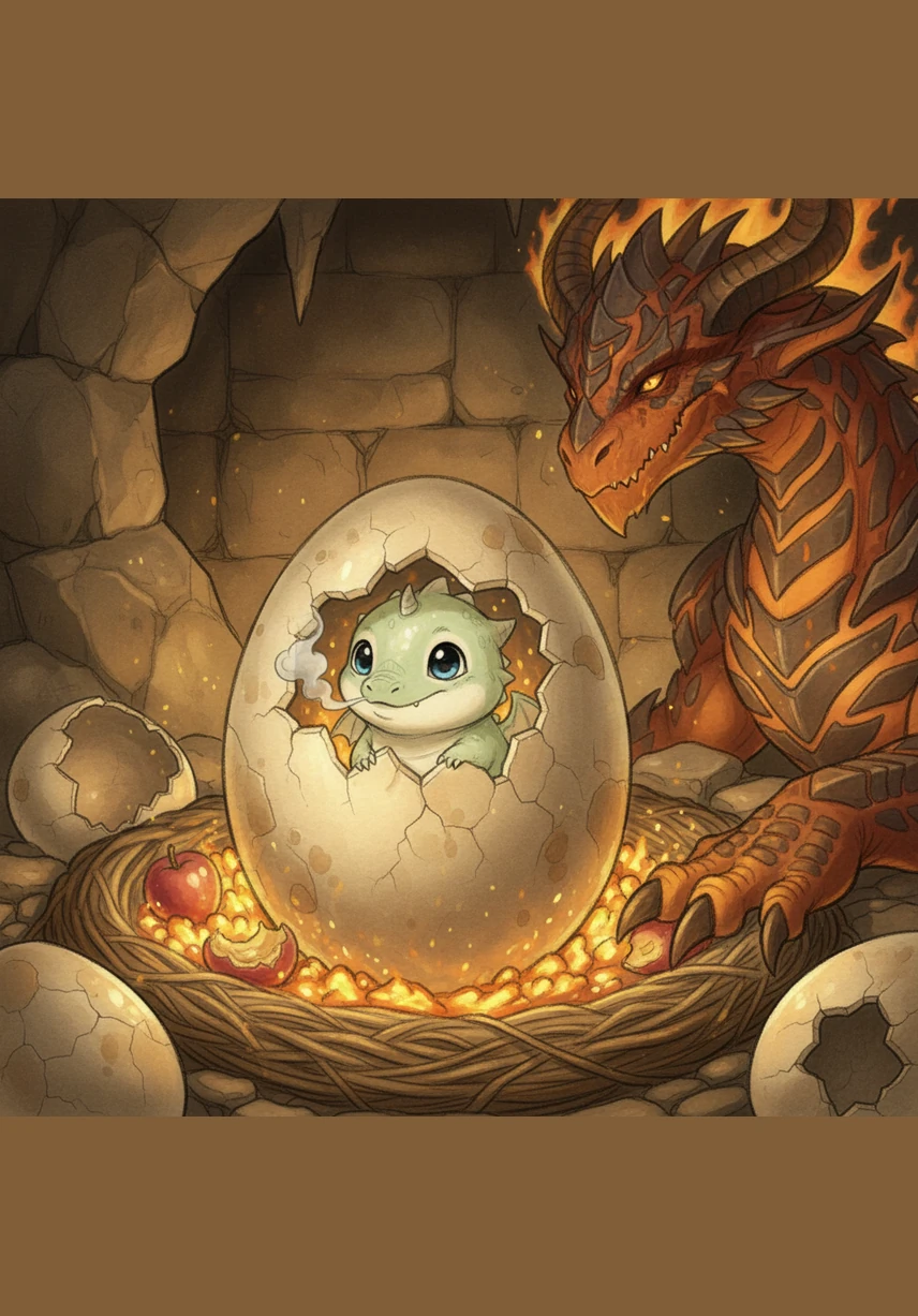 With a soft pop, Puff the baby dragon emerges, blinking his enormous, amber eyes at the wide world. He is small, round, and covered in shimmering scales that seem to reflect every color of the rainbow at once.