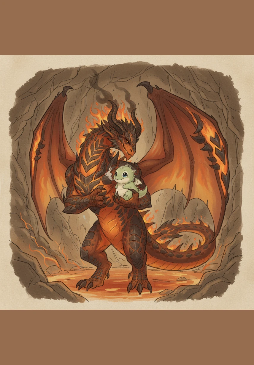 Ignis, the towering fire dragon, lowers his head and lets out a gentle puff of warm smoke to keep the newborn cozy. Puff giggles and tries to catch the floating embers with his tiny, clumsy claws.