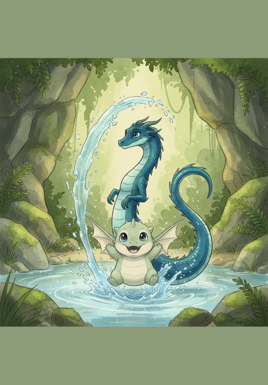 Marina, the elegant water dragon, swirls her tail to create a dancing fountain of droplets that sparkle like diamonds in the air. Puff splashes happily in the refreshing mist, his small wings fluttering for the very first time.