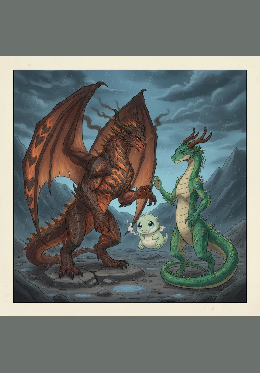Terra, the sturdy earth dragon, nudges a glowing emerald crystal toward Puff with her moss-covered snout. The little dragon nibbles on the magical treat, feeling the strength of the mountains flowing through his tiny body.