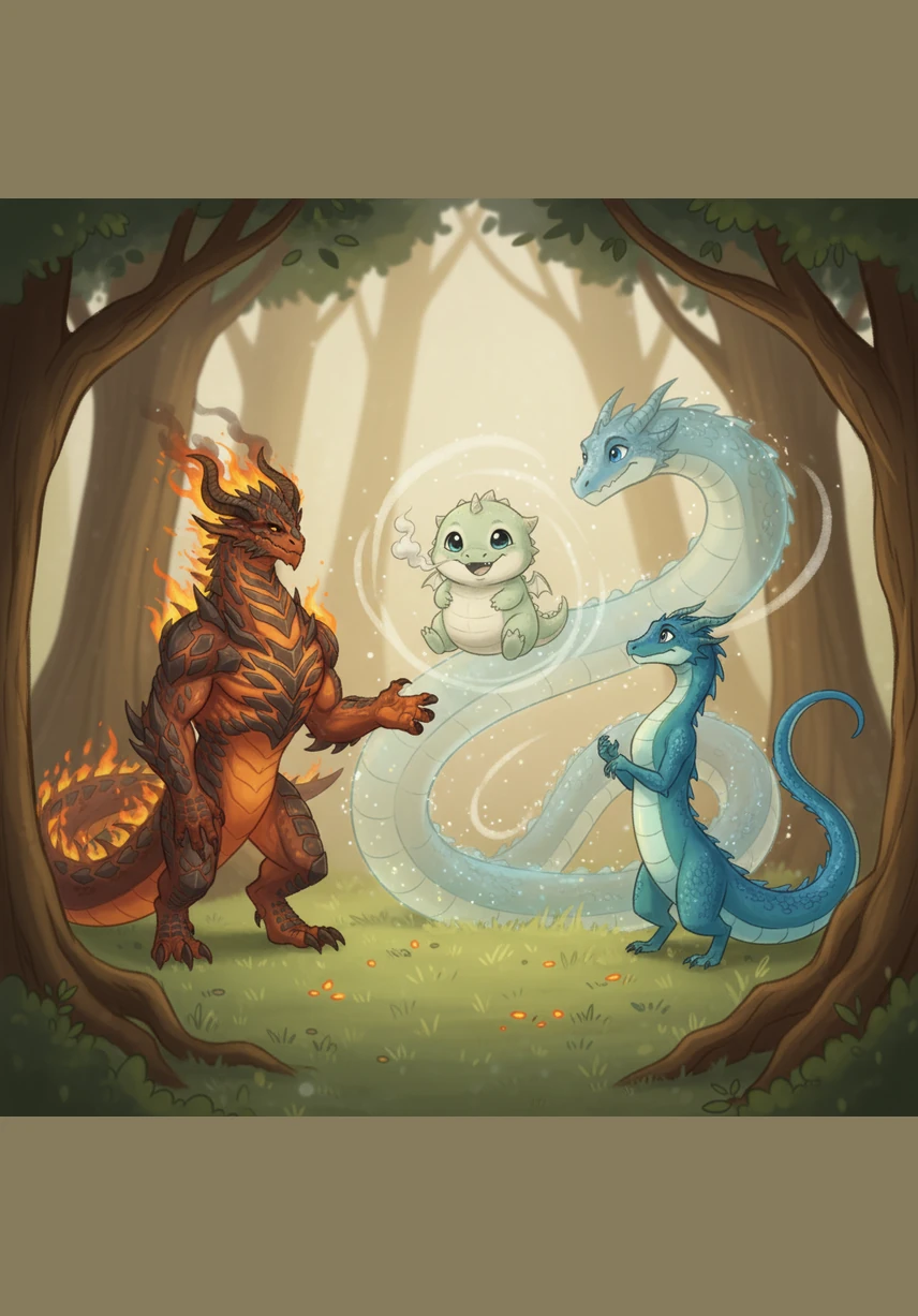 Zephyr, the translucent air dragon, creates a soft updraft that lifts Puff a few inches off the ground. The baby dragon squeals with delight as he experiences the sensation of flight while safely surrounded by his giant guardians.