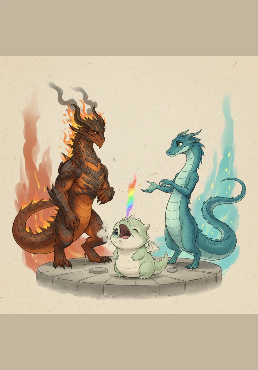 Puff watches his mentors and tries to let out a mighty roar, but only a tiny, shimmering rainbow spark escapes his mouth. The elemental dragons exchange knowing glances, realizing this little one possesses a special harmony of all their powers.
