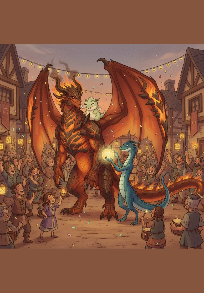 The villagers light enchanted lanterns and play melodic flutes to celebrate the successful hatching of their new protector. Puff sits proudly in the center of the square, his tail wagging as he receives a garland of glowing flowers.