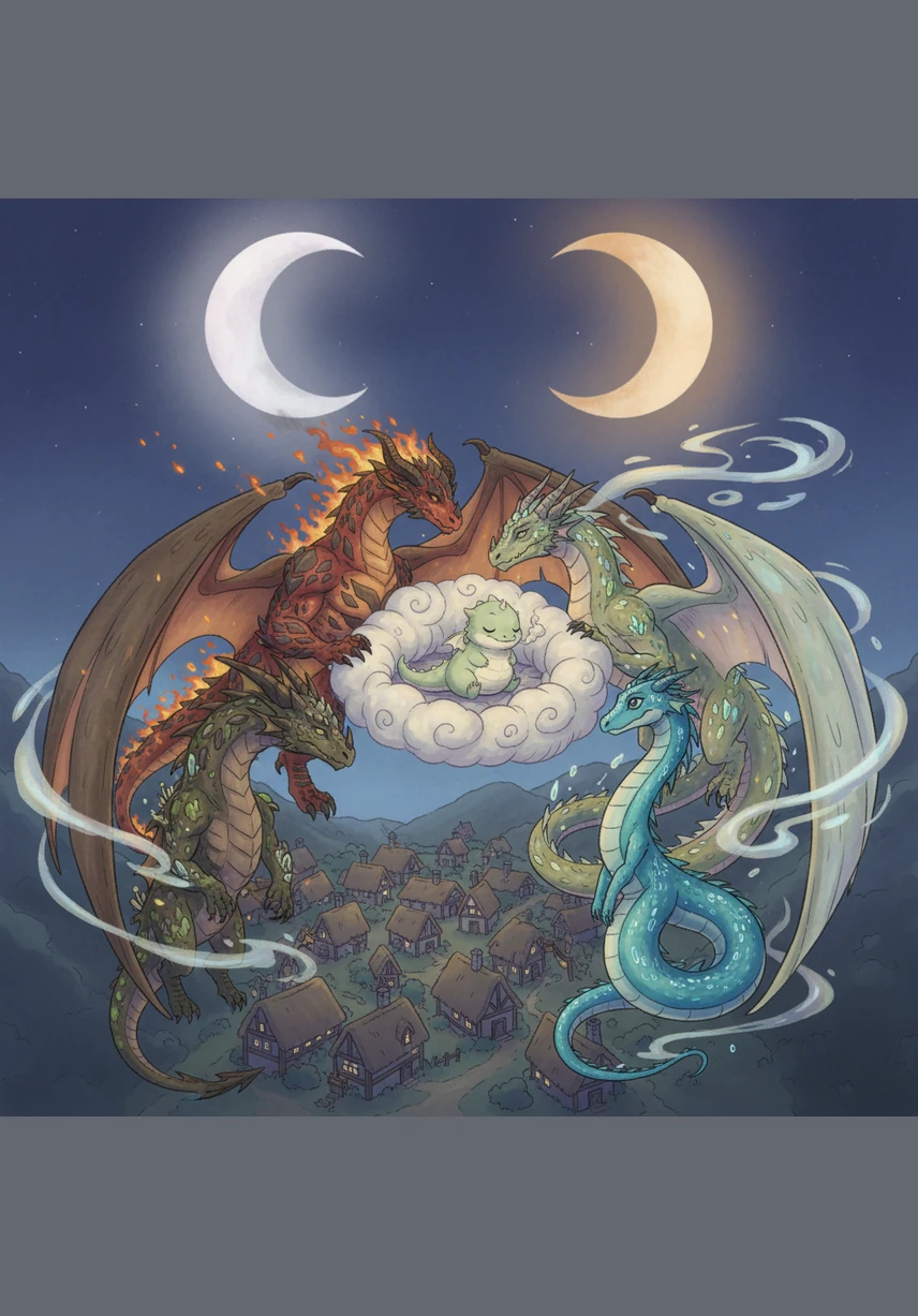 As the twin moons rise over the village, Puff curls up in a nest of soft clouds and warm stones. The four elemental dragons wrap their protective wings around the square, guarding the peaceful sleep of their newest family member.