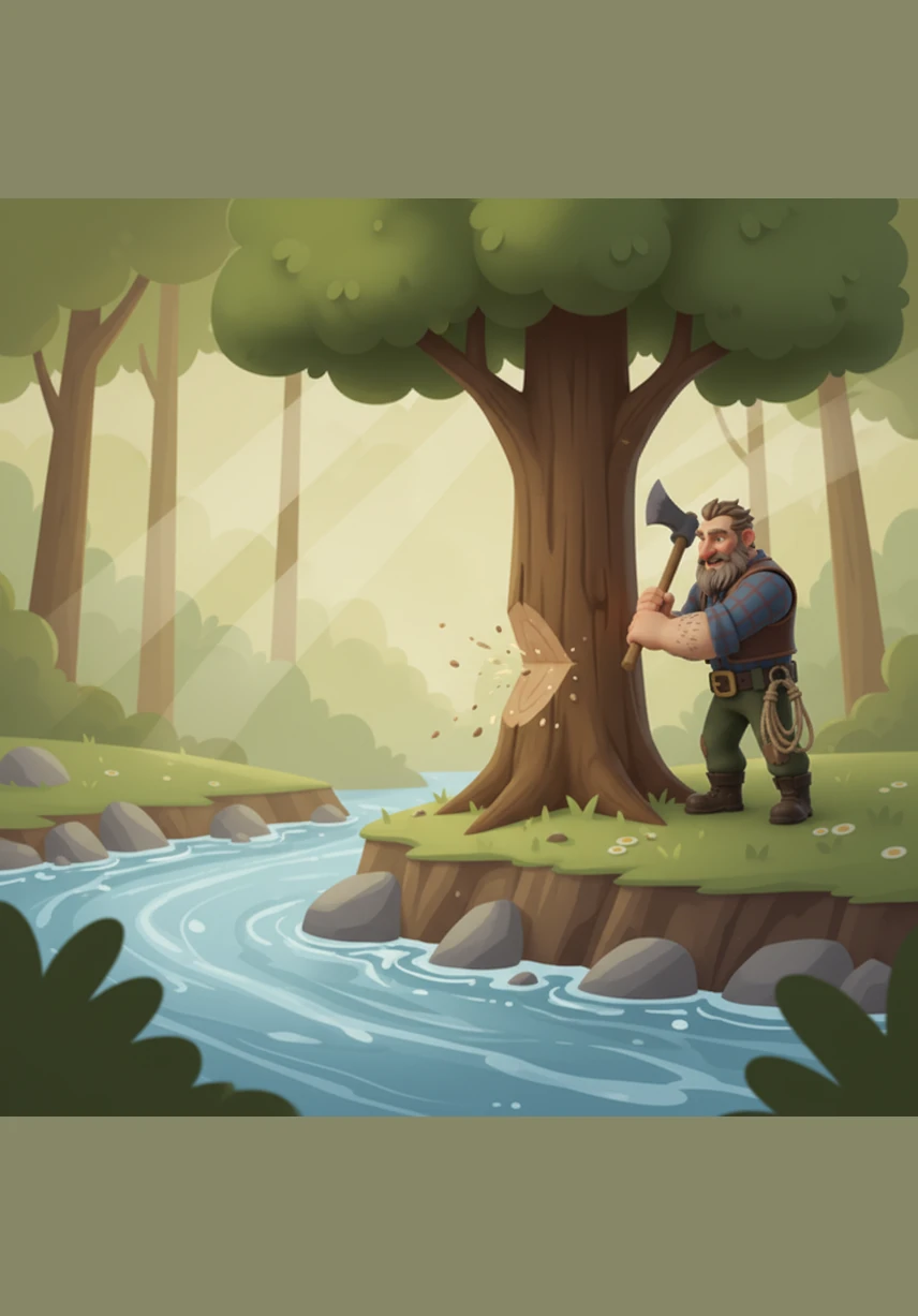 One day, Ramu found a sturdy tree growing right on the bank of a deep, fast-flowing river. He began to chop the wood with great focus, the rhythmic sound of his axe echoing through the peaceful woods.