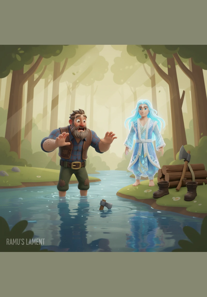 Suddenly, Ramu's hand slipped, and his only iron axe flew into the deep water with a loud splash. He watched in shock as the ripples spread and his only tool vanished beneath the dark surface.