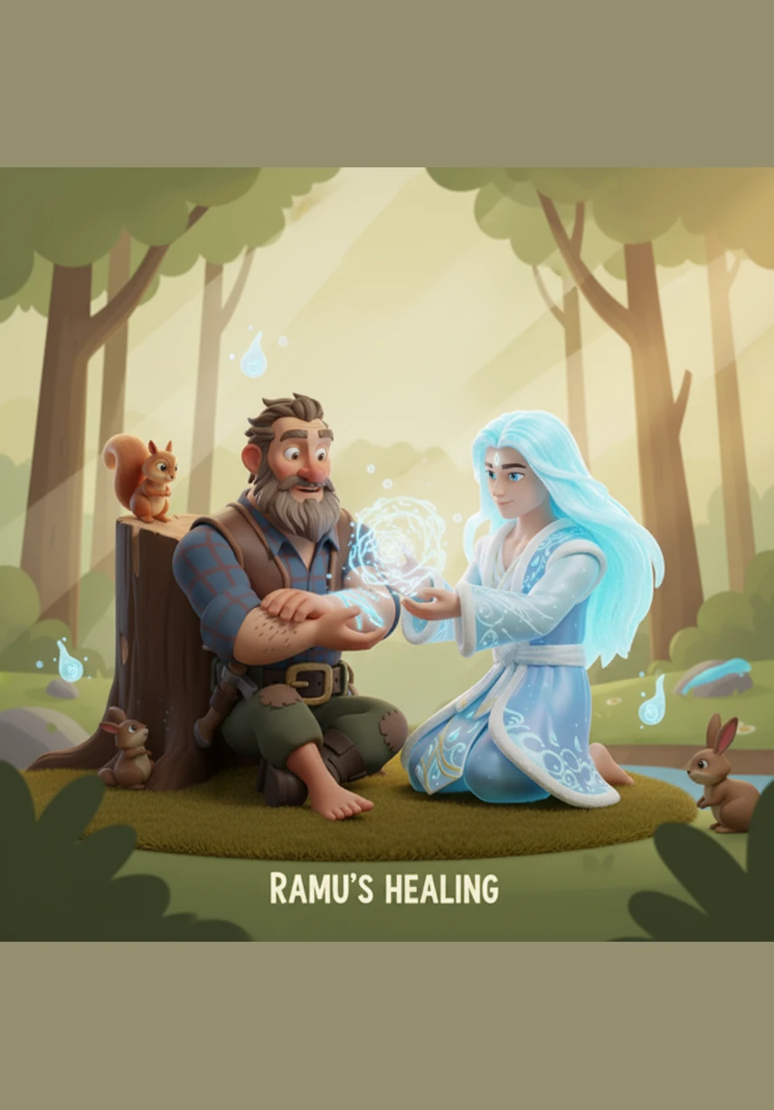 Ramu sat by the riverbank, overcome with grief, and began to cry. He felt helpless and wondered how he would ever be able to earn money for his family's food without his precious axe.