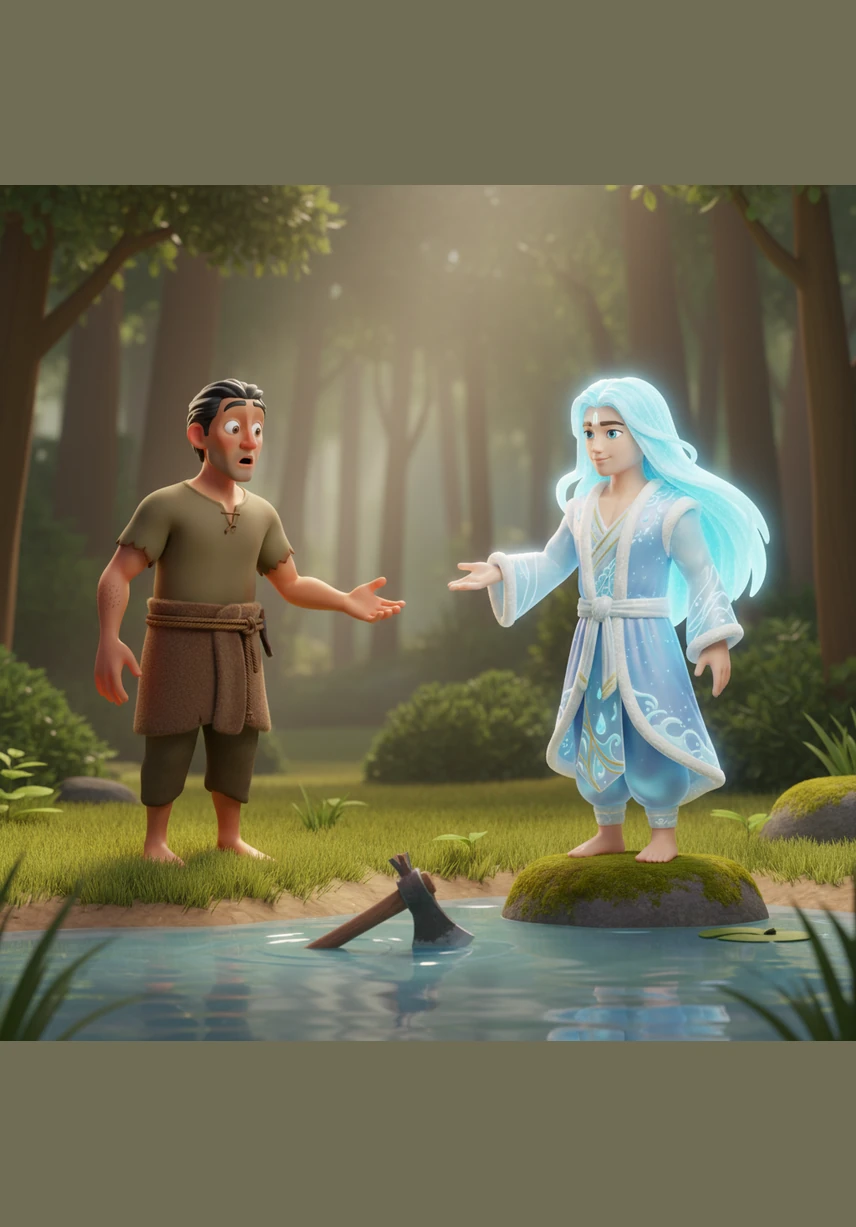 Hearing his sincere cries, a radiant Water God suddenly emerged from the river in a shimmer of magical light. The God looked at Ramu with compassion and asked him why he was so distressed.