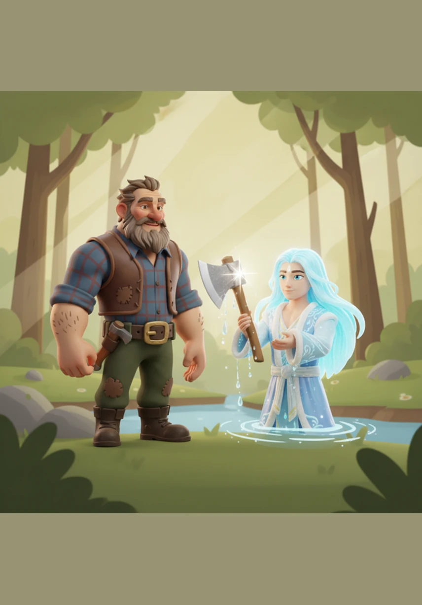 The God dived again and brought up a beautiful silver axe that sparkled brilliantly in the sunlight. Ramu looked at it closely but again shook his head, explaining that his axe was much simpler.