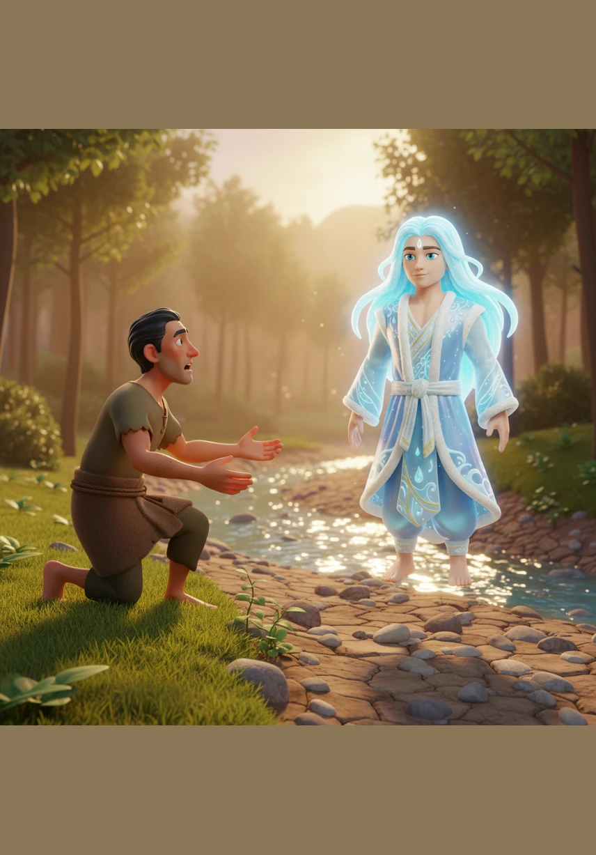 Finally, the God pulled out the old, rusty iron axe from the depths of the river. Ramu’s eyes filled with joy, and he happily exclaimed that this was indeed his own familiar tool.