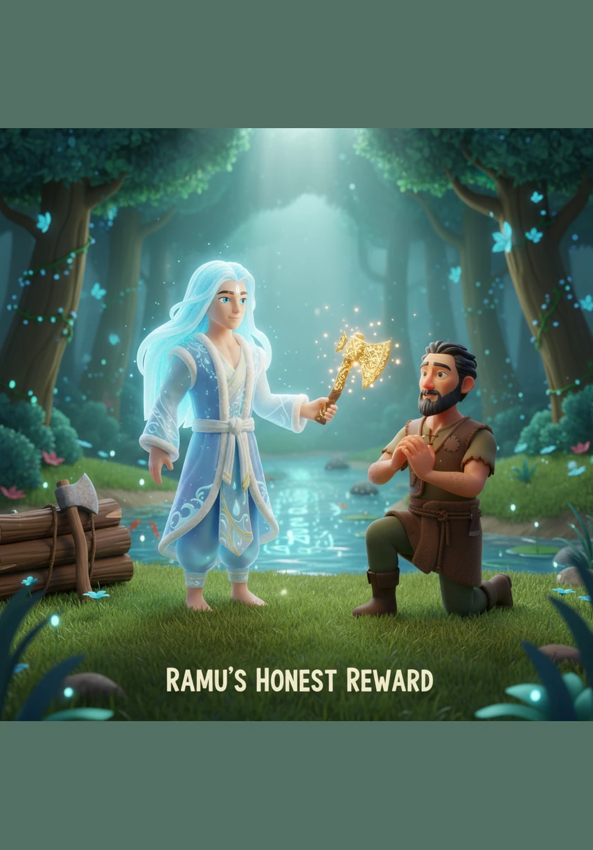 The Water God was so impressed by Ramu's unwavering honesty that he decided to reward him. He gave Ramu the gold and silver axes as a gift to keep, along with his own iron axe.