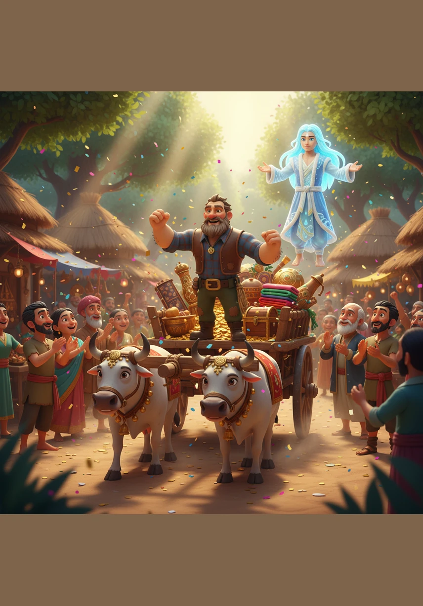 Ramu returned home to his family as a wealthy and happy man, his heart full of gratitude. He shared his story with the entire village, teaching everyone that the fruits of honesty are always sweet.