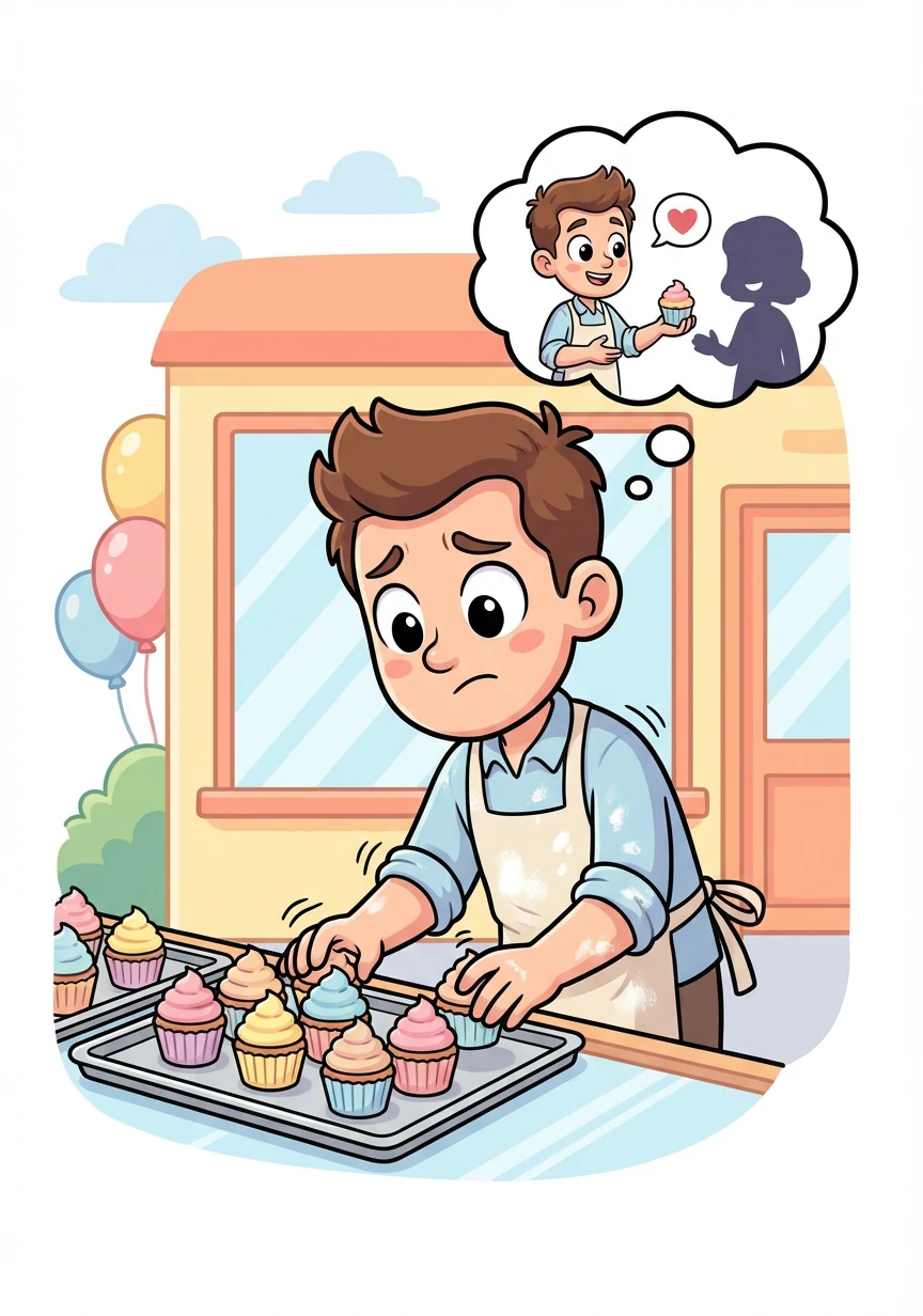 Cadence, a baker with flour dusting his apron, nervously arranges cupcakes in his shop window. He dreams of sharing his delicious treats with someone special.